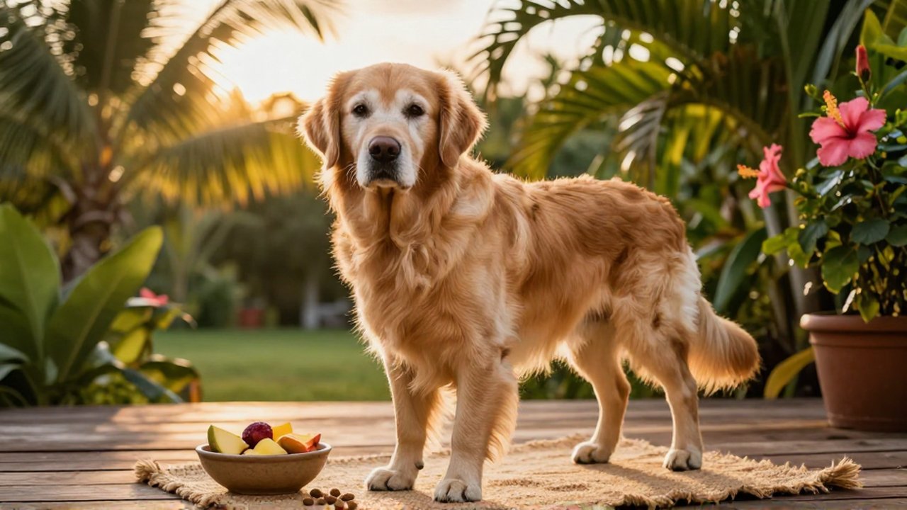 A senior Golden Retriever stands on a tropical wooden deck beside a bowl of fruit and kibble.