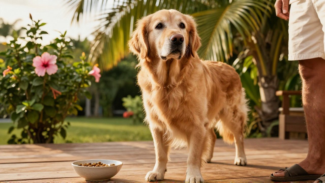 An elderly Golden Retriever looks up from a sunny garden patio beside a food bowl.