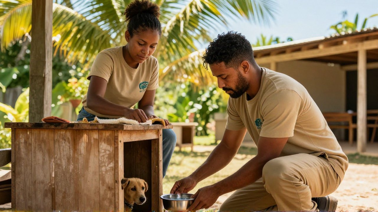 Two volunteers in khaki clothing clean a wooden kennel and prepare water bowls at a tropical animal sanctuary.