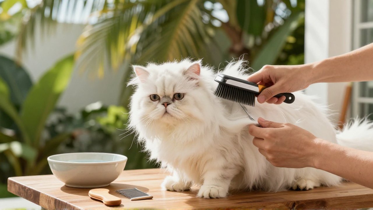 A professional groomer uses a metal slicker brush to detangle a white Persian cat's long fur.
