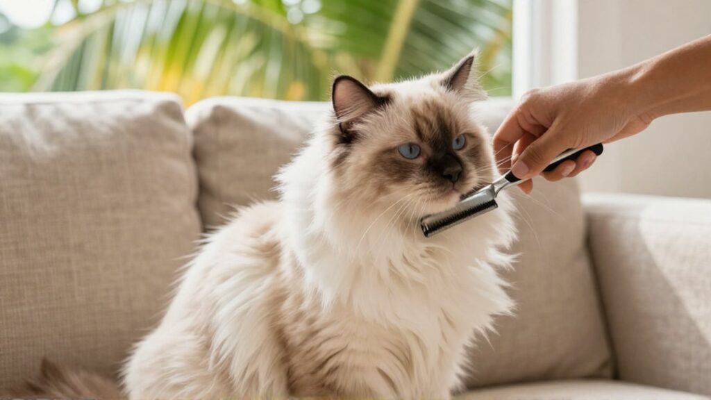 A person gently brushes the silky long fur of a calm Ragdoll cat on a linen sofa.