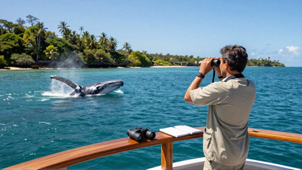 A marine biologist on a wooden boat observes a breaching humpback whale in Samaná Bay.