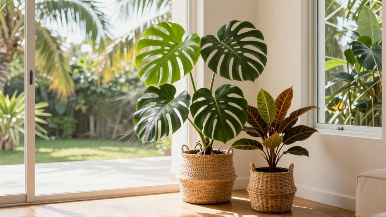 A Monstera and Calathea plant in rattan planters sit by a sunlit window in a bright living room.