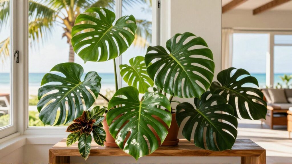 Lush tropical houseplants sit on a wooden console table in a sunlit Caribbean living room.
