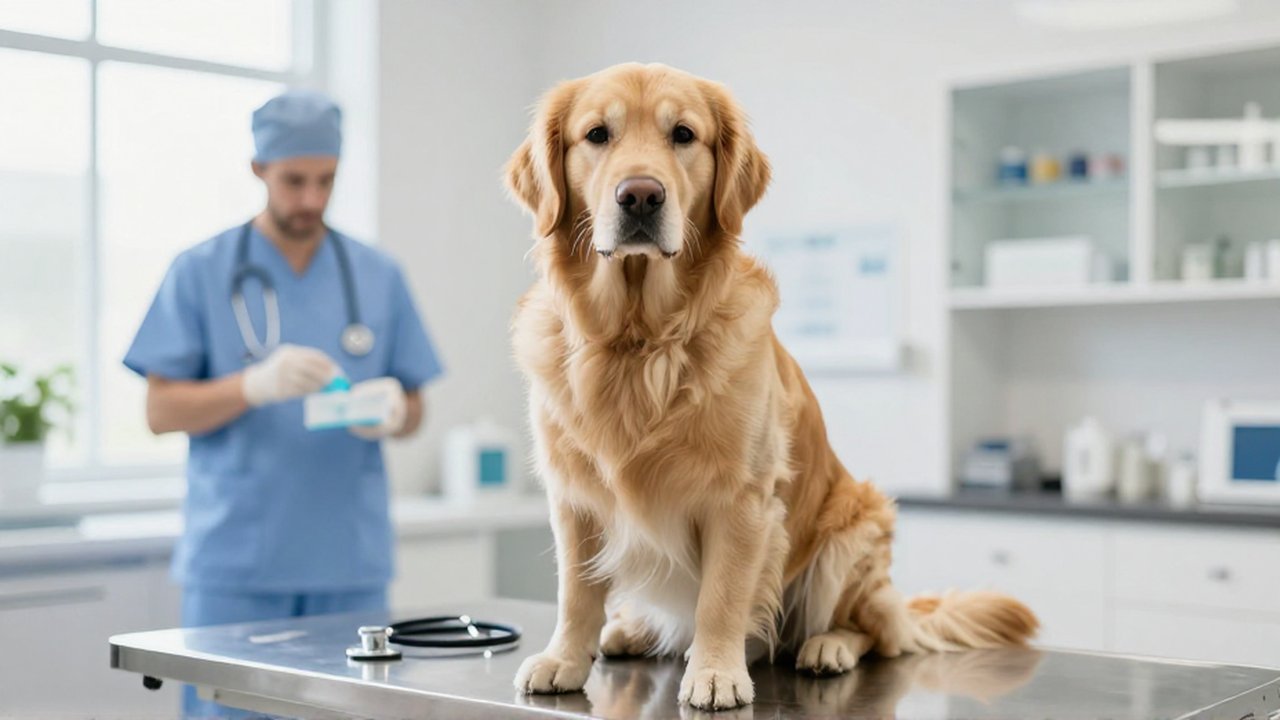A calm Golden Retriever sits on a stainless steel table in a bright veterinary clinic.
