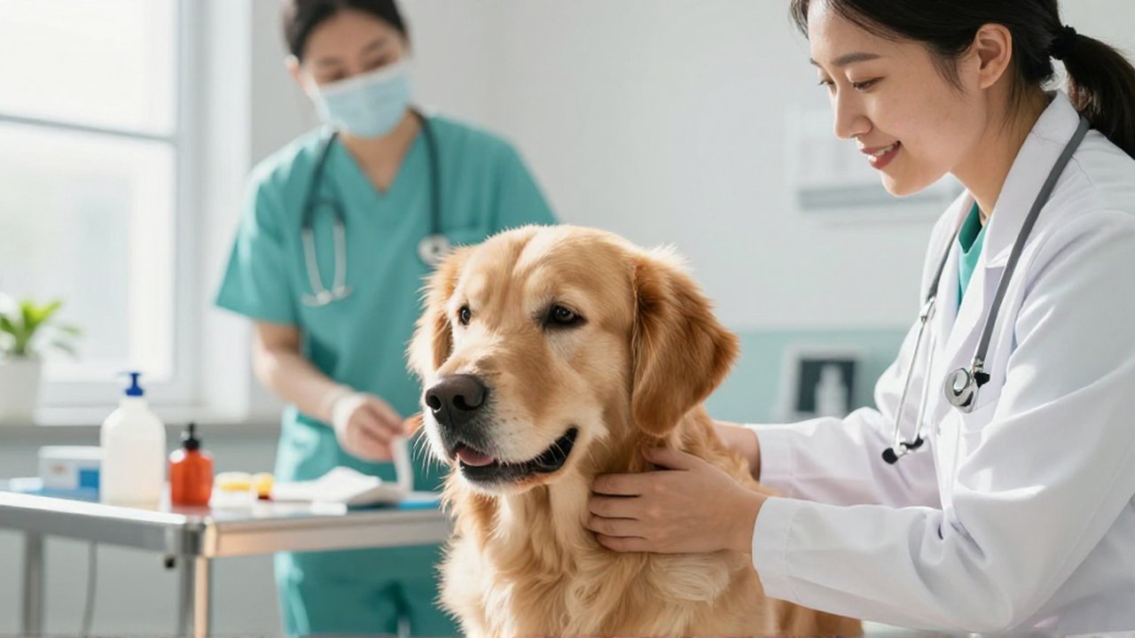 A veterinarian gently comforts a Golden Retriever undergoing a blood donation in a bright clinic.