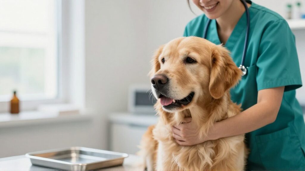 A veterinarian gently performs a blood donation procedure on a calm