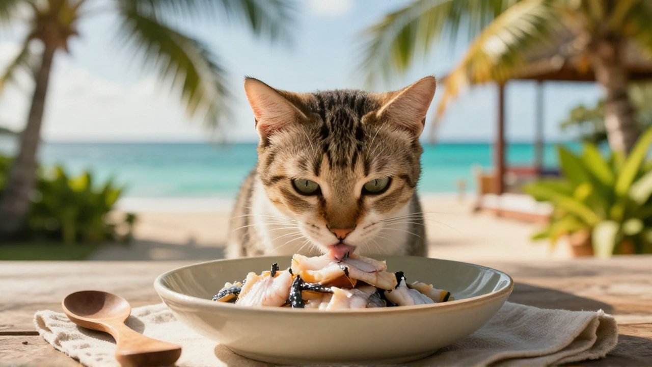 A domestic cat sniffs pieces of cooked fish in a ceramic bowl on a sunlit patio.