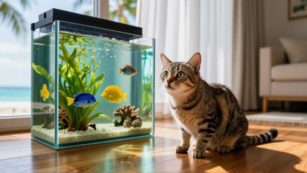 A curious tabby cat sits on a wooden floor