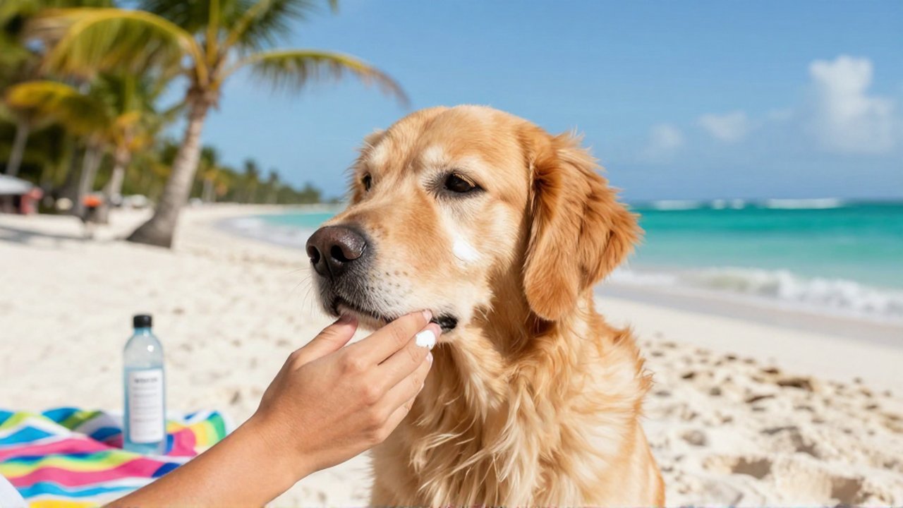 A person's hand applies white sunscreen to the nose and ears of a golden retriever on a tropical beach.