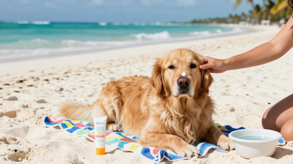 A person gently applies sunscreen to a golden retriever's nose on a tropical beach.