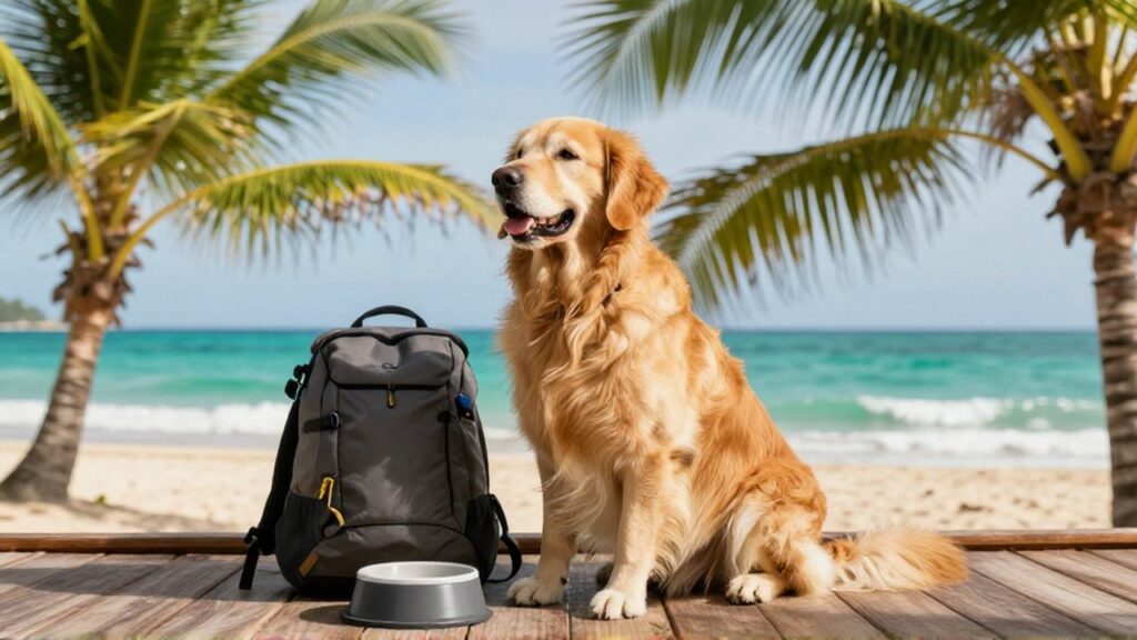A happy Golden Retriever sits on a wooden deck overlooking a tropical beach and turquoise sea.