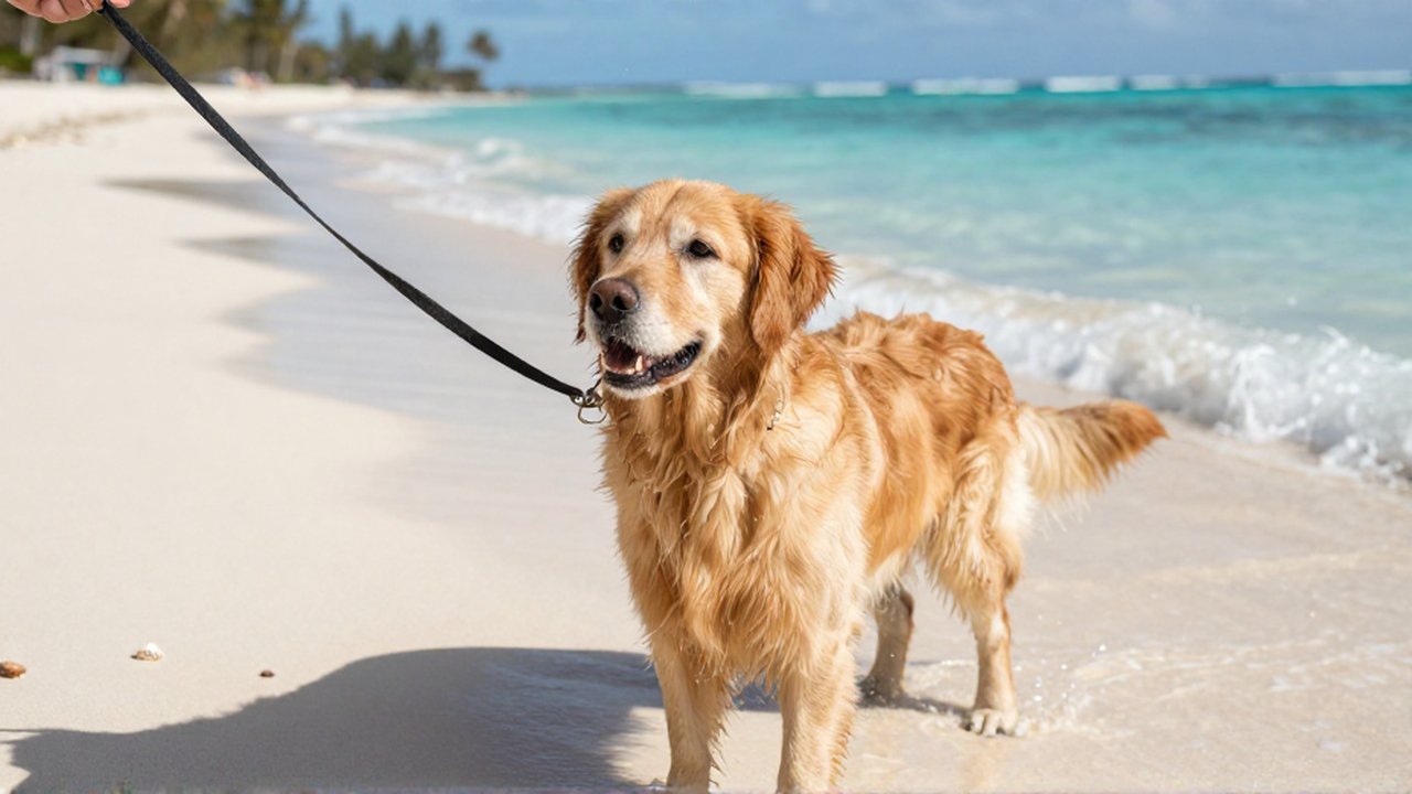 A golden retriever on a leash watches incoming waves on a sunny tropical beach.
