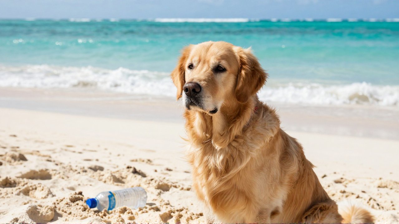A worried golden retriever sits on a sandy beach near a discarded plastic bottle and turquoise ocean waves.