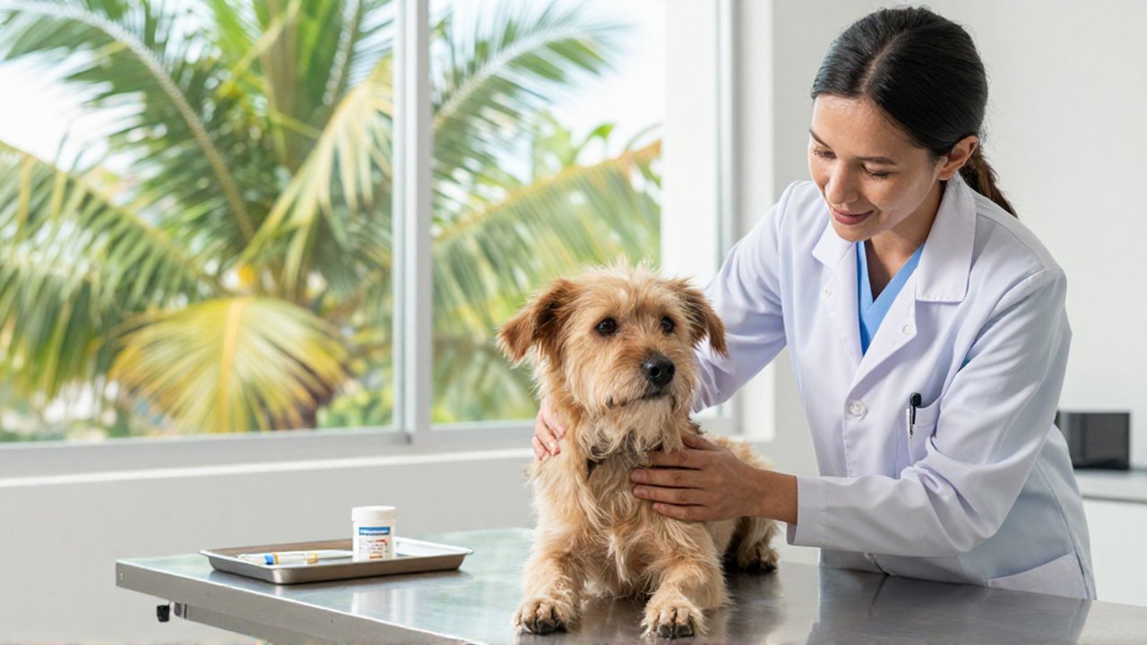 A veterinarian gently examines a scruffy rescue dog on a medical table in a bright, tropical clinic.