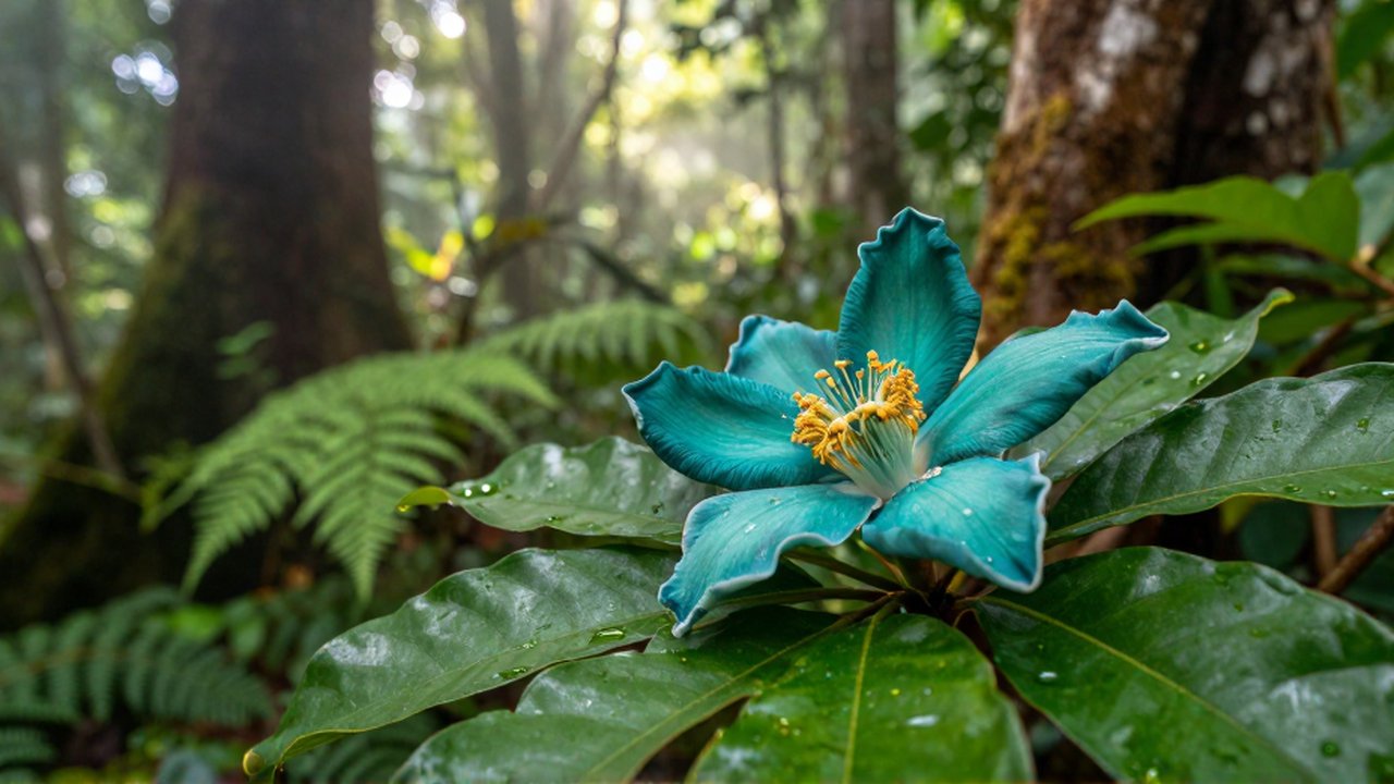 A close-up of a teal Hispaniolan Blue Mahoe flower with golden stamen amidst lush tropical foliage.