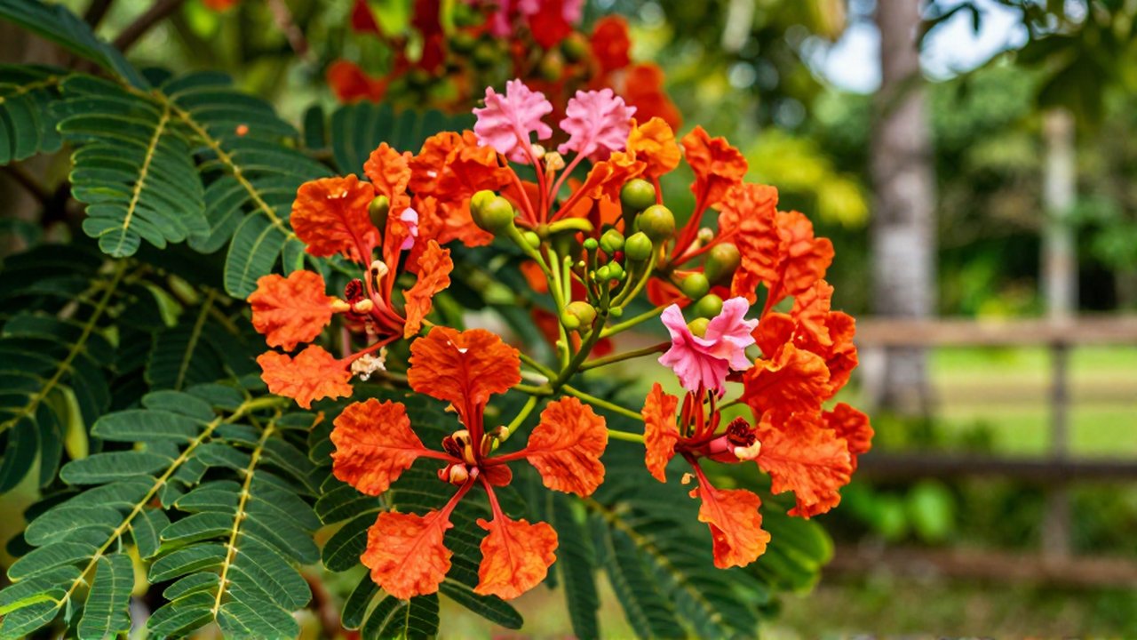 Vibrant orange-red Flamboyán flowers and a delicate pink orchid amidst lush green tropical foliage.