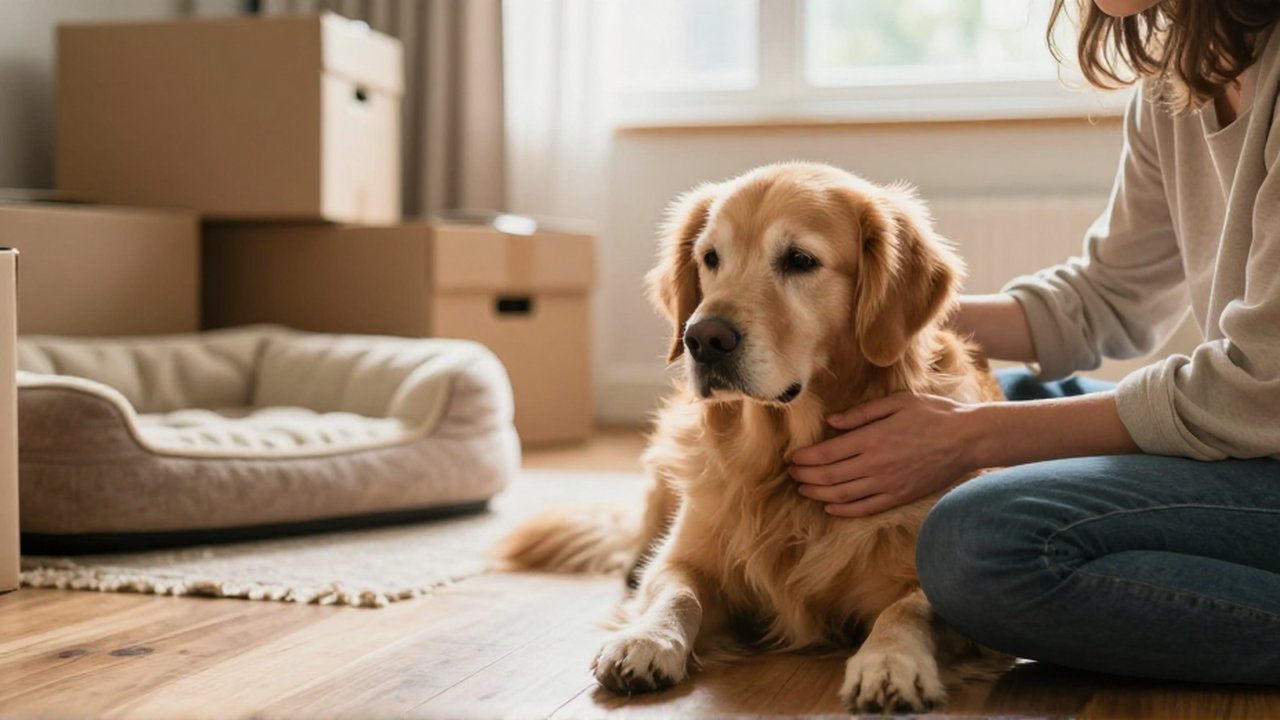 A person gently reaches out to comfort a sad golden retriever in a sunlit, half-unpacked living room.