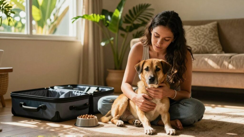 A woman gently holds a nervous rescue dog in a sunlit