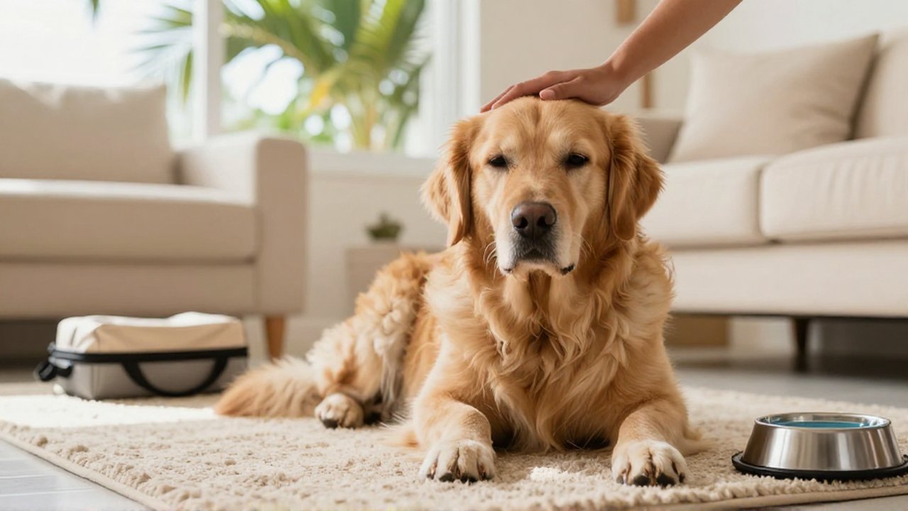 A sleepy golden retriever sits on a rug in a sunlit room as a hand gently pets its head.