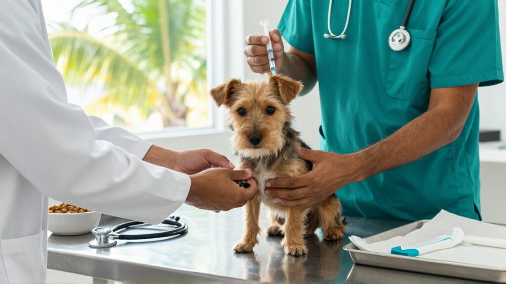 A veterinarian examines a scruffy terrier's paw on a medical table in a bright clinic.