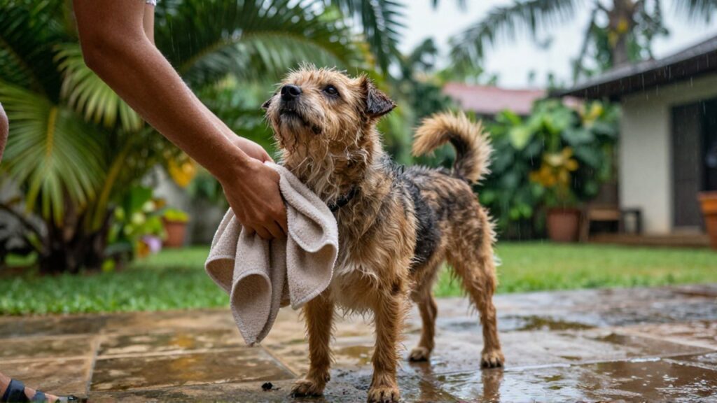 A person gently dries the muddy paws of a scruffy terrier mix in a lush