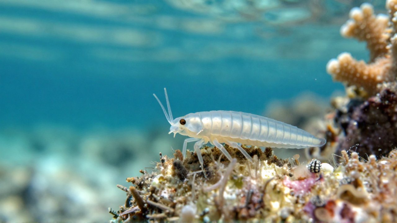 A translucent sea louse clings to a textured marine organism in sunlit, turquoise tropical water.