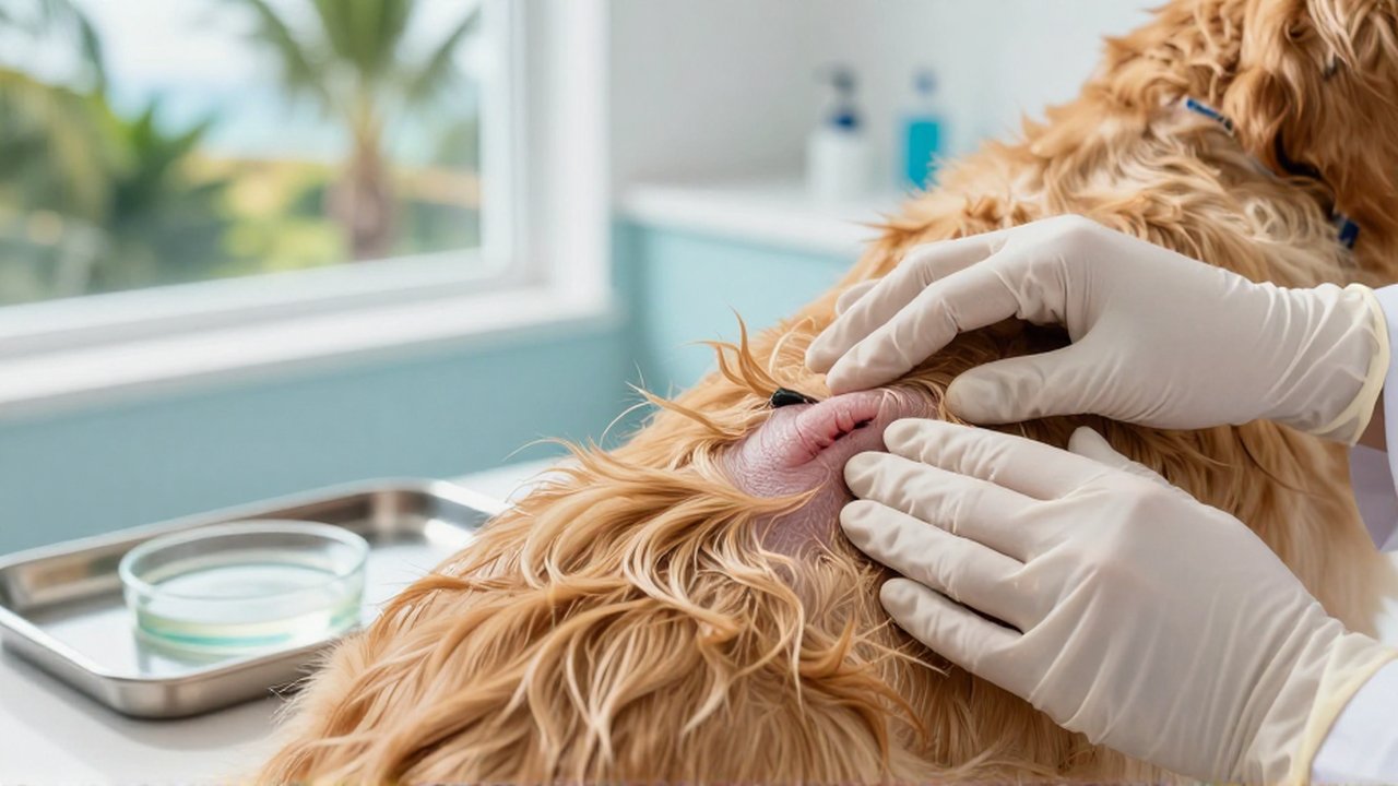 A veterinarian's gloved hand examines a golden retriever's wet fur in a bright clinic.