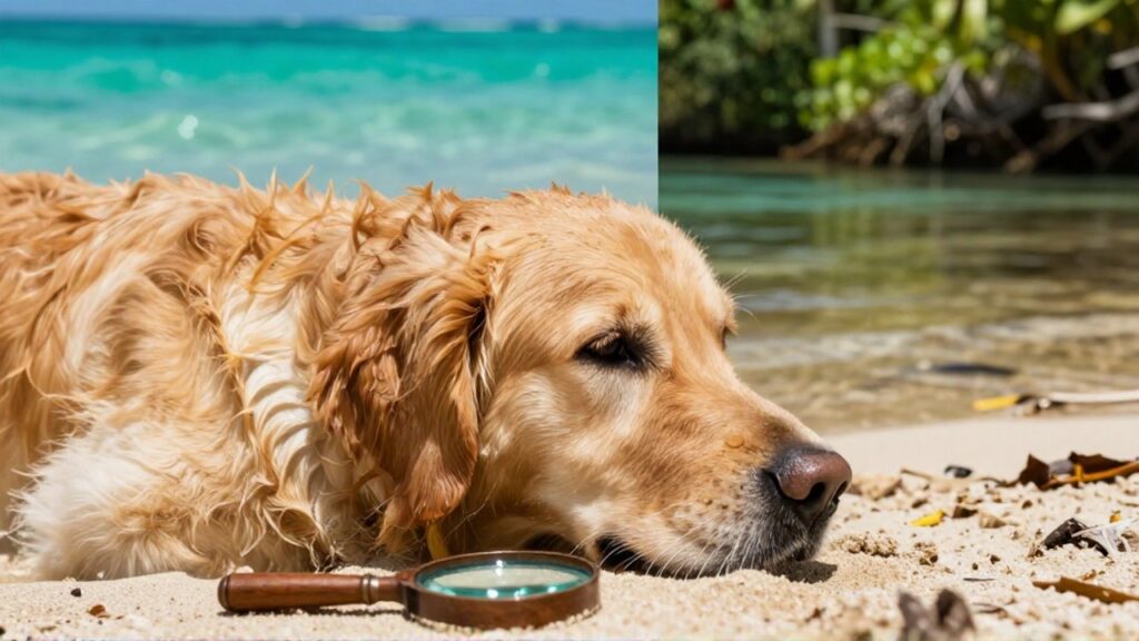 Macro view of a Golden Retriever's wet fur against a split backdrop of turquoise ocean and a murky river.