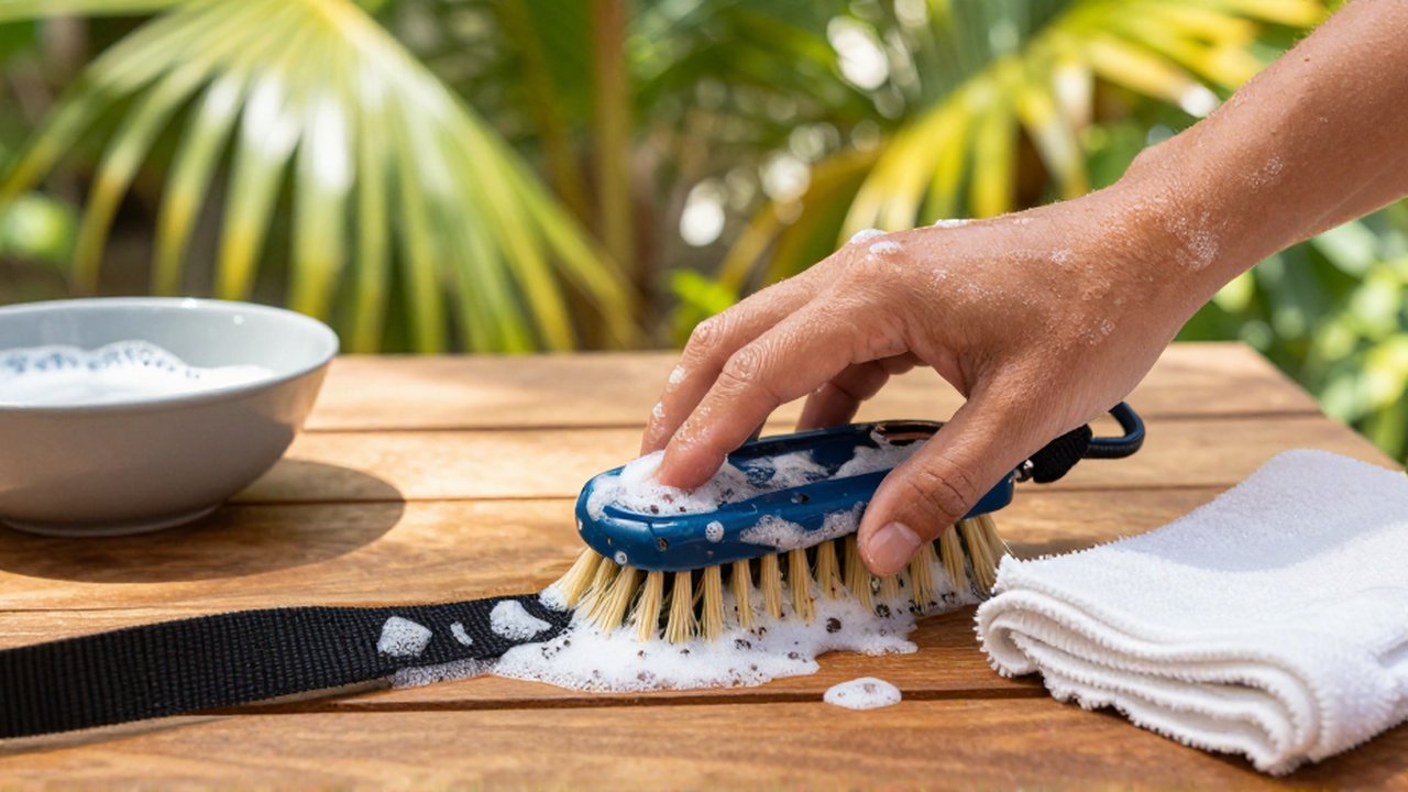 Hands scrub a soapy nylon dog leash with a brush on a wooden table outdoors.