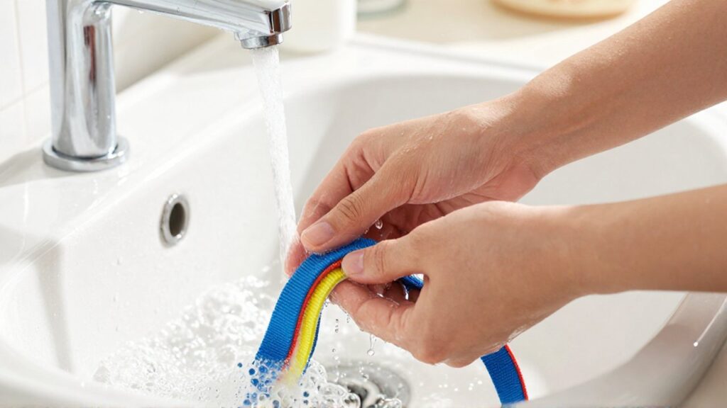 Hands wash a colorful nylon dog leash in a sudsy white porcelain sink.