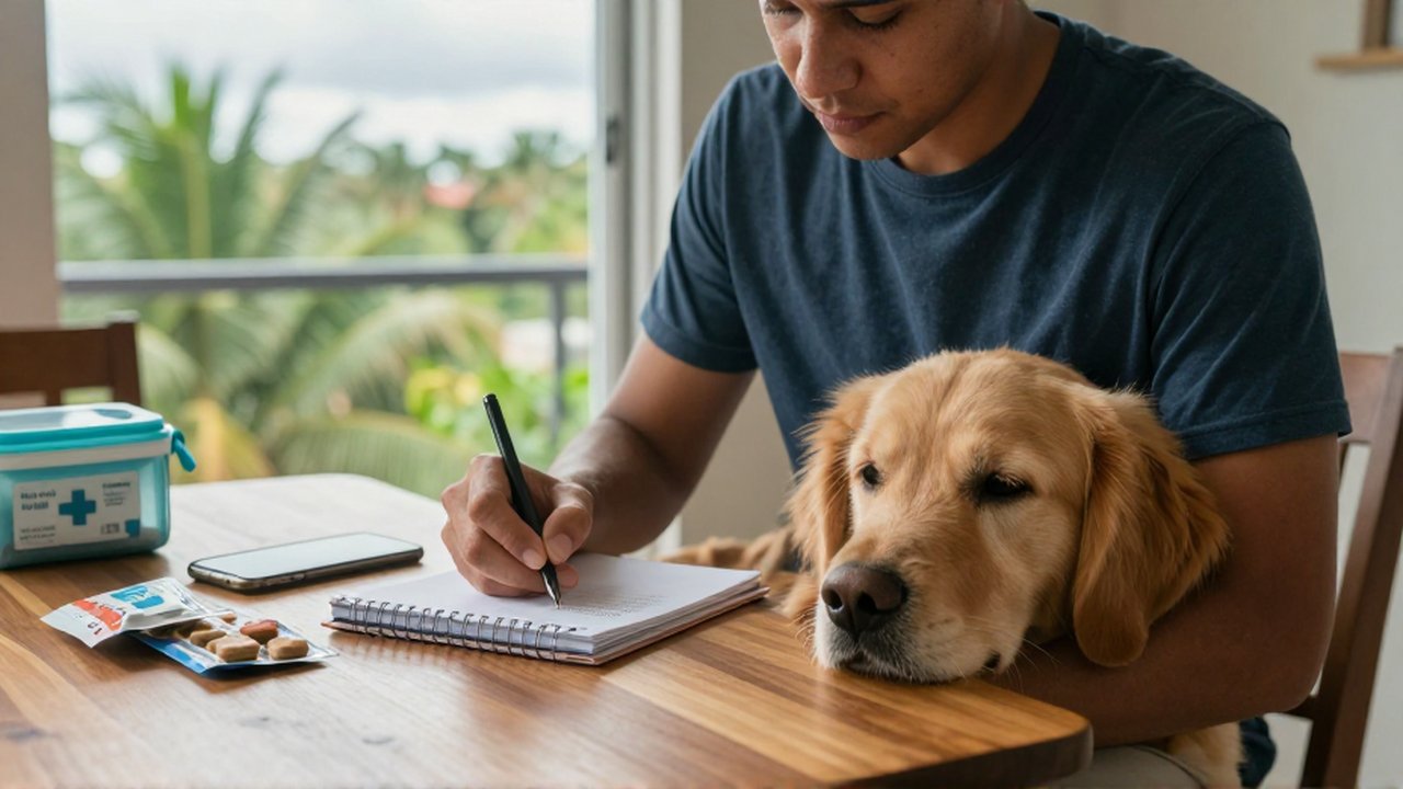 A person sits at a wooden table writing in a notebook while a golden retriever rests on their knee.
