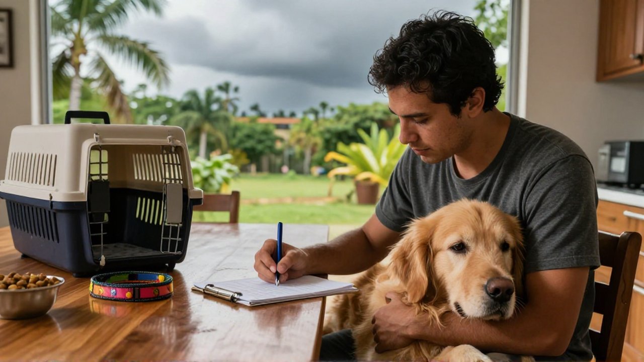A pet owner writes an emergency contact list at a table while a Golden Retriever rests nearby.