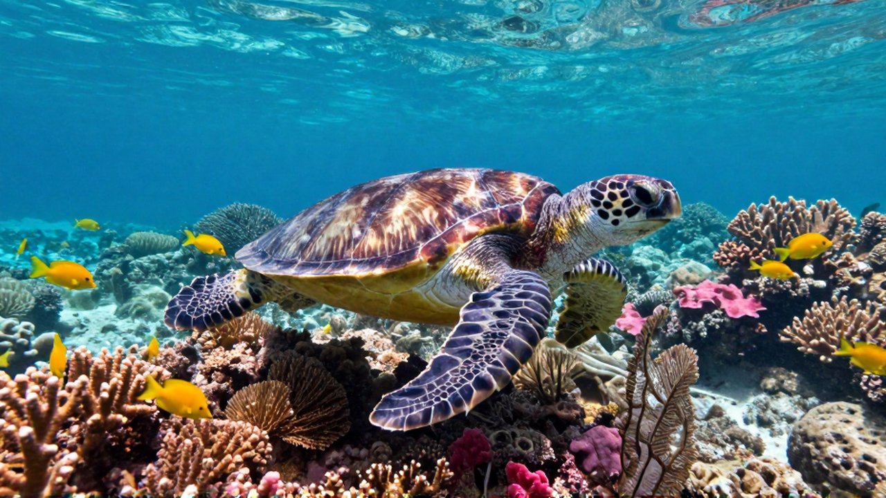 A Hawksbill sea turtle swims through a vibrant coral reef filled with colorful fish.