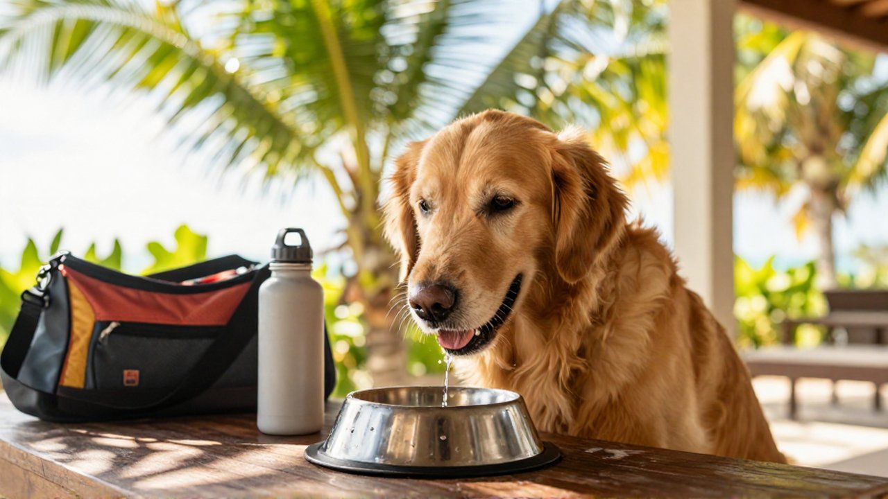 A happy Golden Retriever laps water from a stainless steel bowl on a shaded tropical patio.