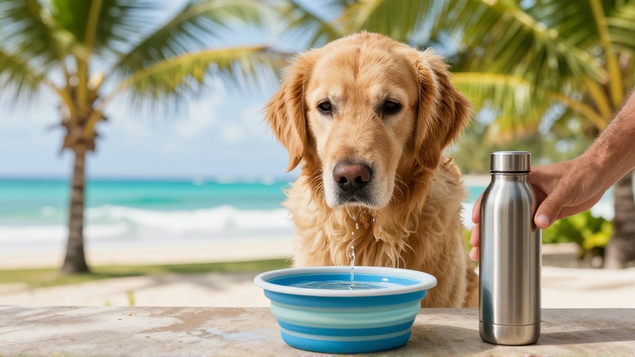 A golden retriever sits by a portable water bowl on a sunny tropical veranda overlooking the ocean.