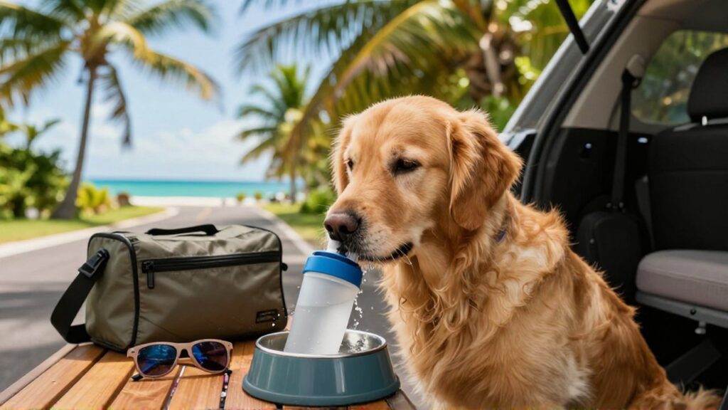 A golden retriever drinks from a portable water bottle on a sun-drenched tropical coastal road.