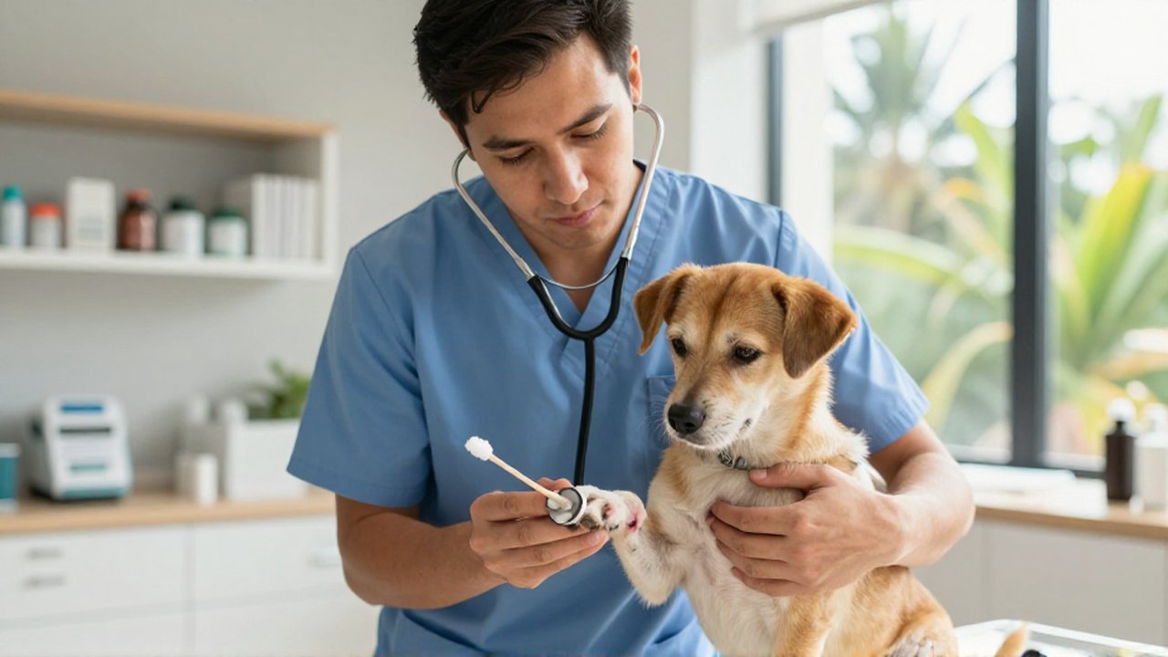 A veterinarian gently examines a small dog's paw using a cotton swab in a sunlit clinic.