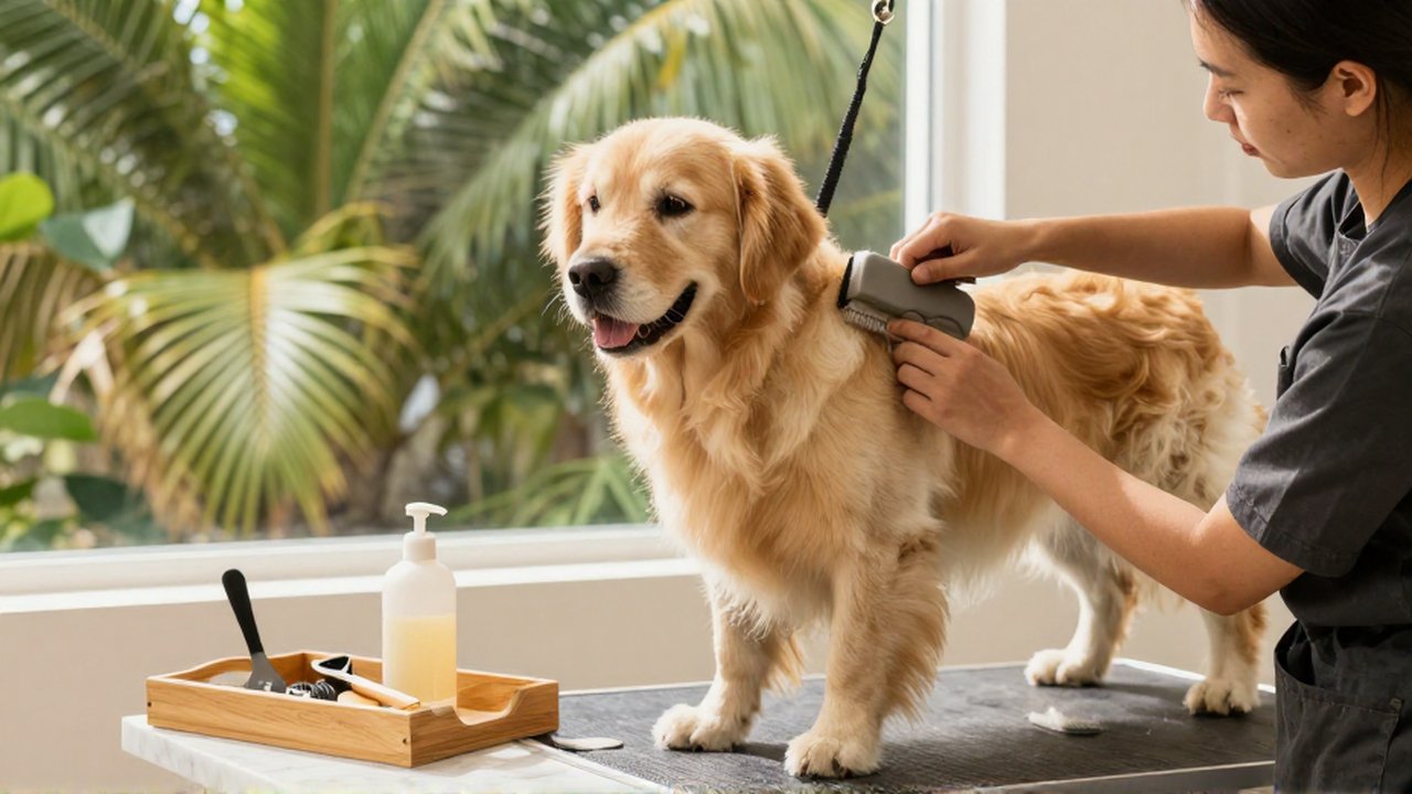 A professional groomer gently brushes a fluffy Golden Retriever in a sunlit, tropical salon.