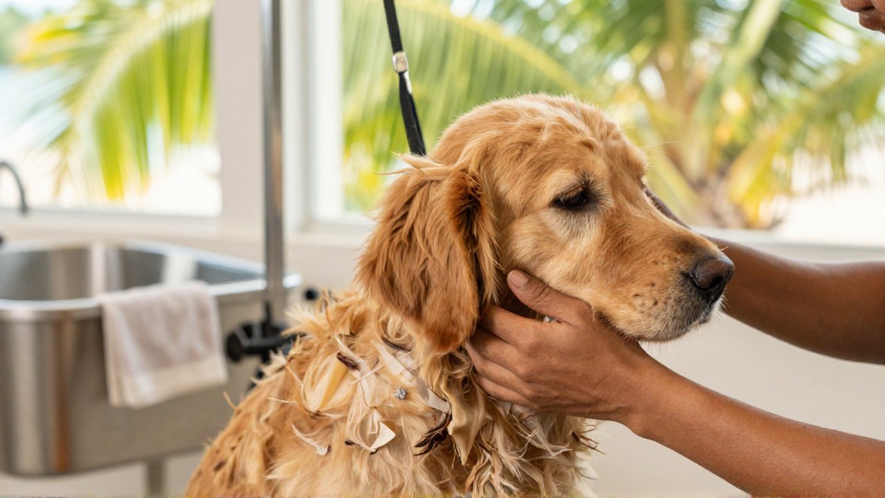 A professional groomer's hands gently examine a golden retriever with matted fur and dry skin.