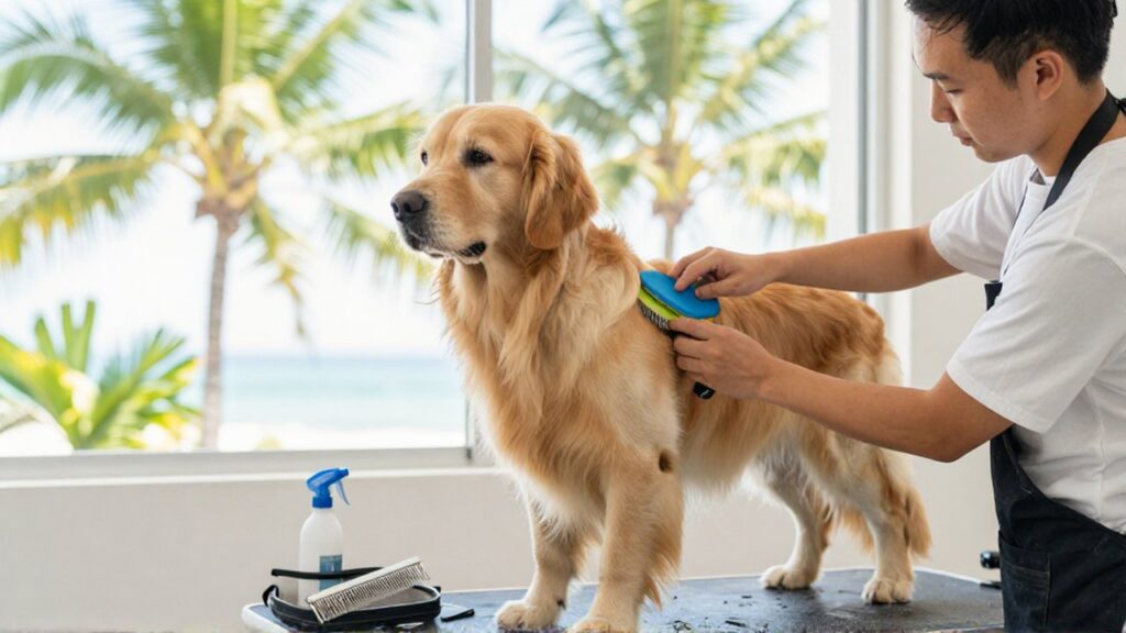 A professional groomer carefully brushes a calm Golden Retriever in a bright