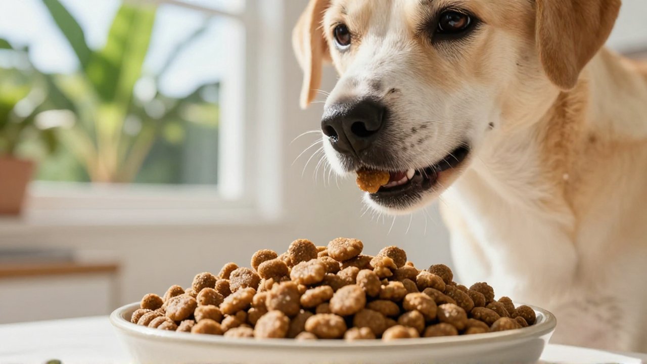 A medium-sized dog eats crunchy kibble from a ceramic bowl in a sunlit kitchen.