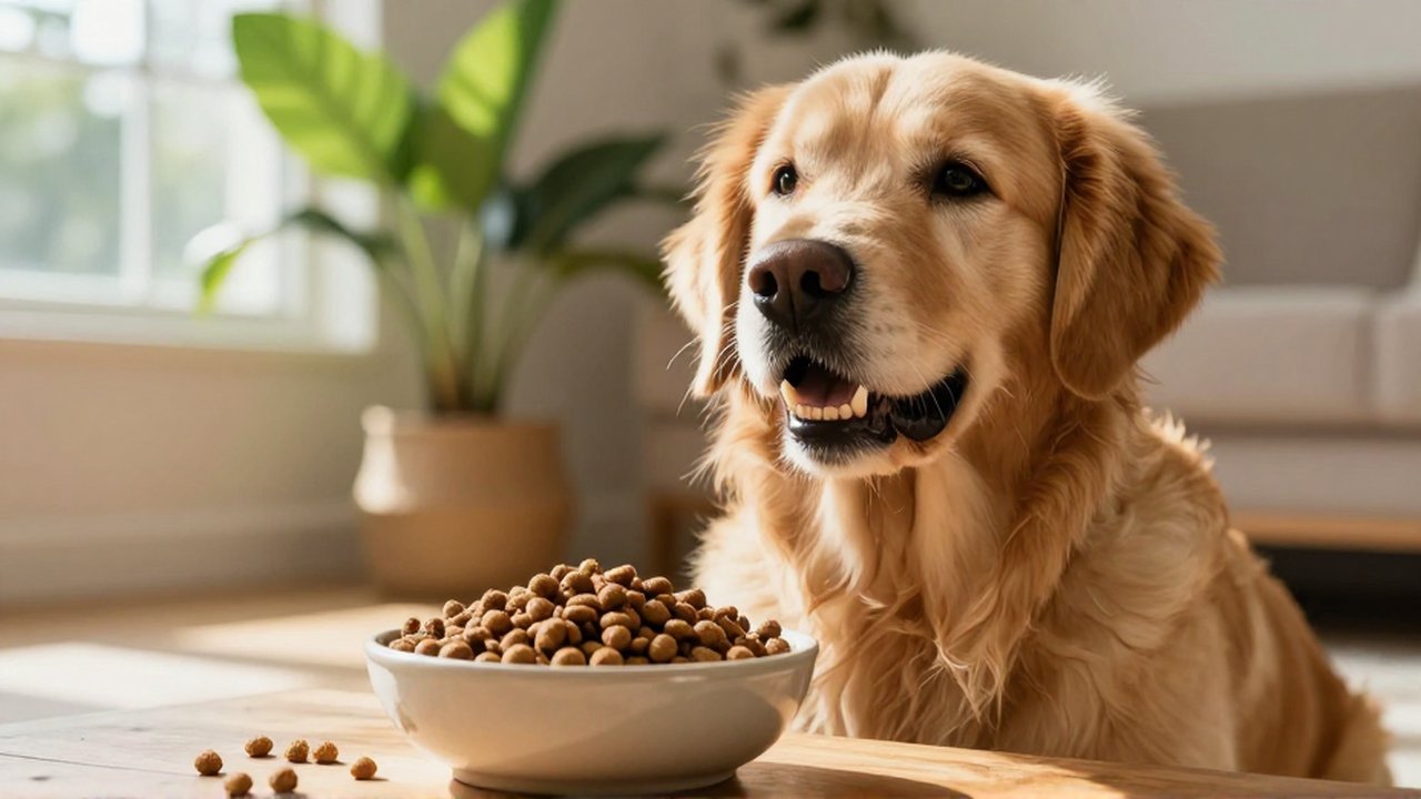 A Golden Retriever sits on a wooden floor, looking up as kibble is poured into its ceramic bowl.