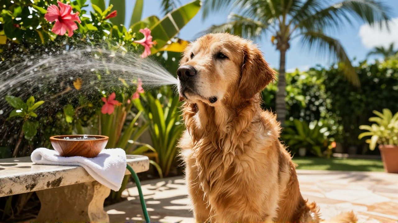 A damp golden retriever sits on a sunlit tropical patio, watching a gentle spray of water.