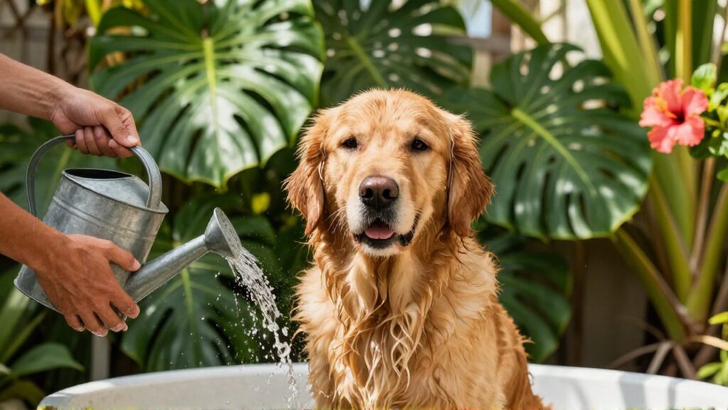 Hands gently rinse a damp golden retriever with a watering can in a lush