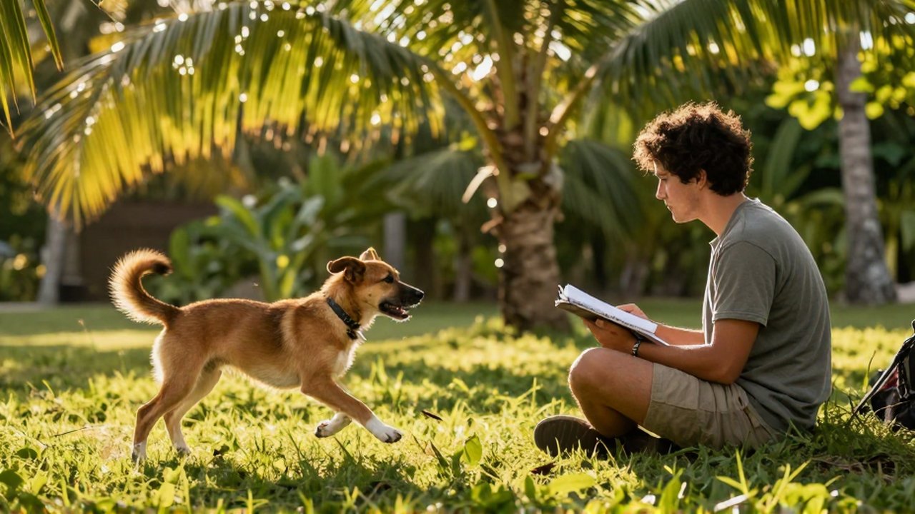 A person sits on grass with a notebook, observing a playful dog leaping near palm trees.