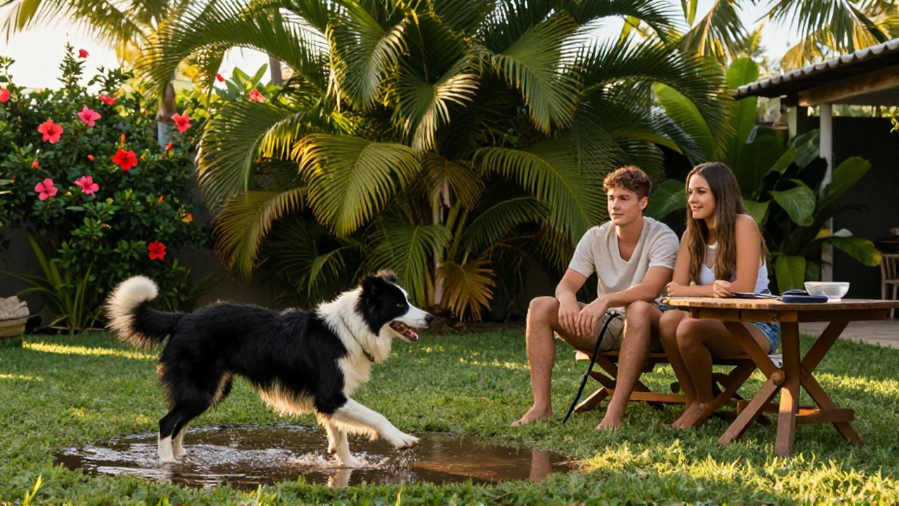 A young couple watches a Border Collie mix leap through a puddle in a tropical backyard.