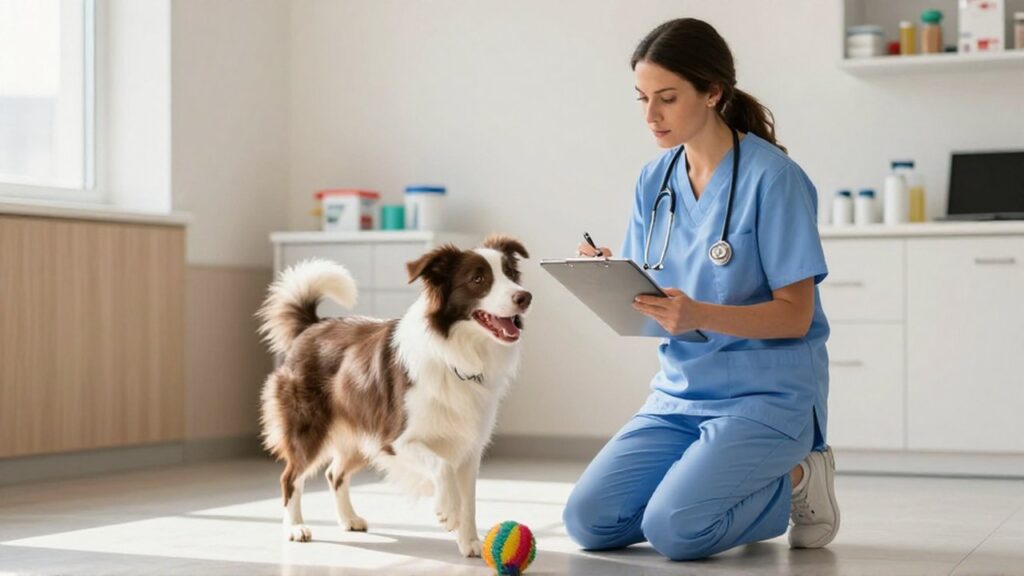 A veterinarian in blue scrubs kneels in a bright clinic