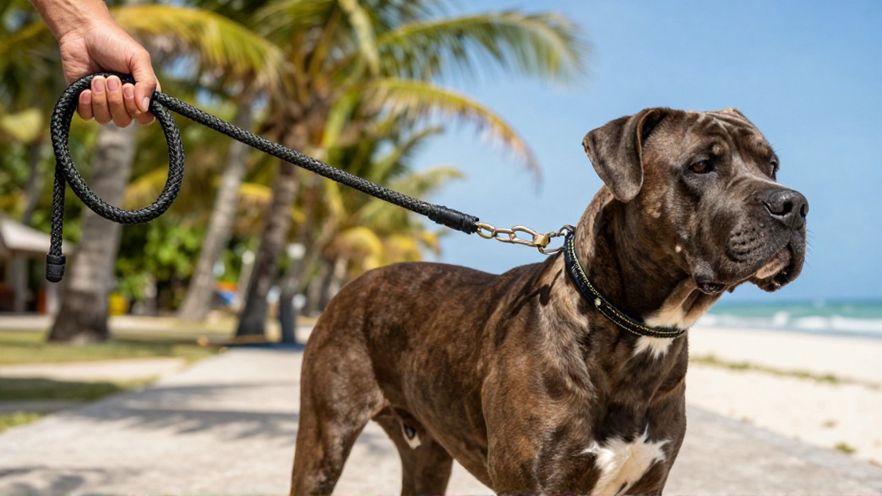 A person's hand firmly grips a heavy-duty braided leash attached to a large, muscular dog on a tropical coastal path.