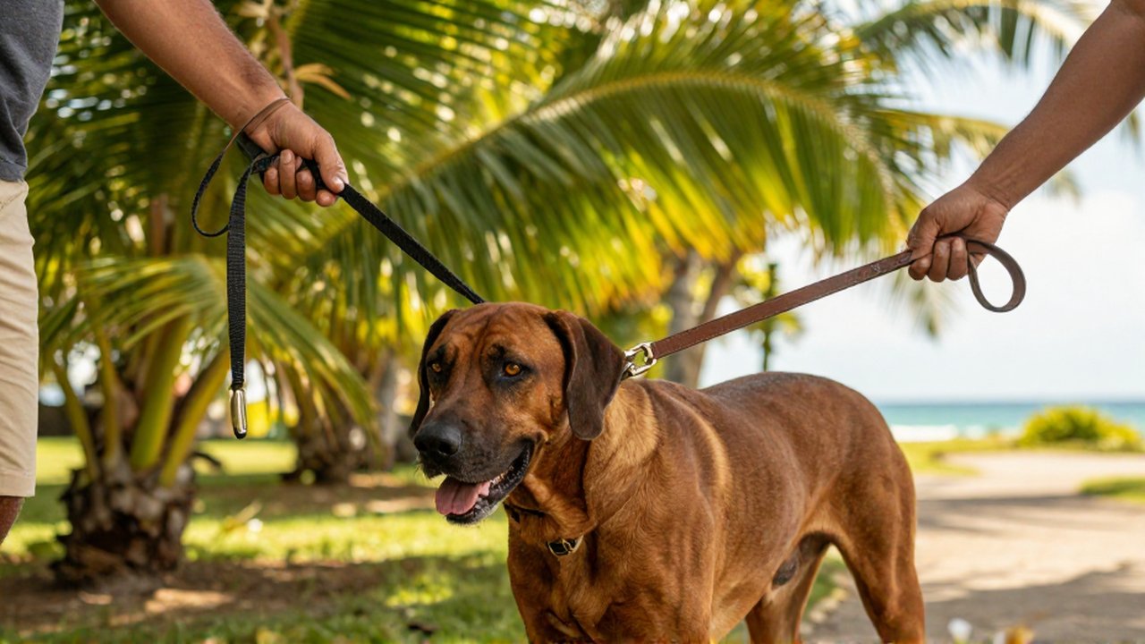 A handler demonstrates nylon and leather leashes while walking a Rhodesian Ridgeback in a tropical park.